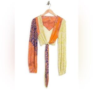 Free People | Hailey Long Sleeve Tie Front Crop Top | Patchwork Print | Small